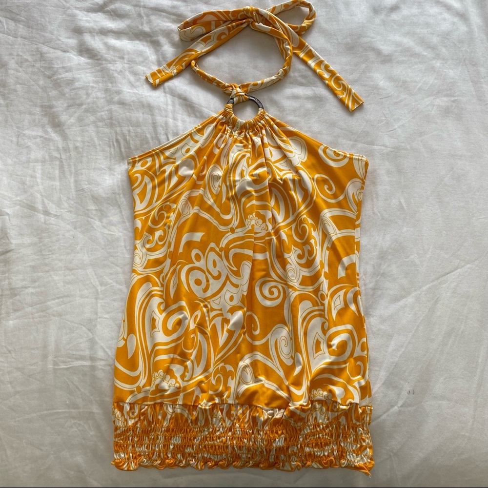 PAPAYA ORANGE & WHITE HALTER TOP